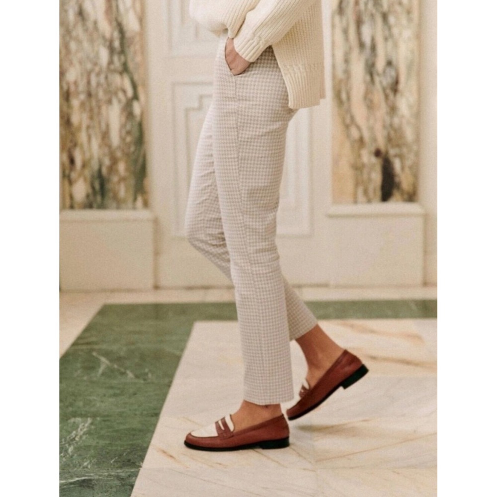 Sezane Clara Women Tan Cream Houndstooth Slim High Rise Trousers Pants Size 36